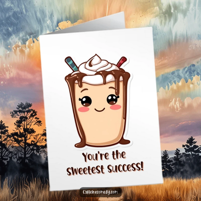 Free printable congratulations card: a cheerful mocha character with a chocolate drizzle smiley face, celebrating sweet success.