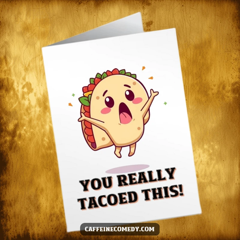Funny Free Printable Congratulations Card: A shocked taco character executes a dynamic cartwheel, sending its tasty contents airborne.
