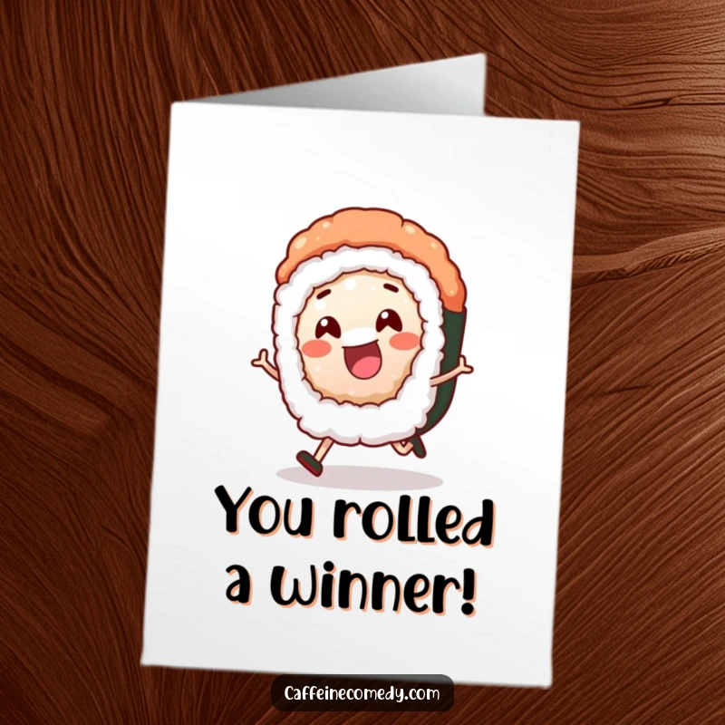 Funny Free Printable Sushi Congratulations Card: A cheerful sushi roll character rolling with excitement to celebrate big wins.