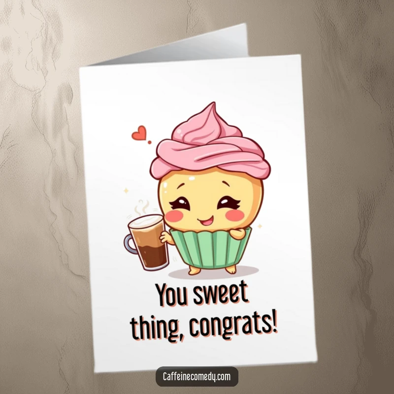 Funny Free Printable Congrats Card: Giggling cupcake strikes a dramatic pose spilling frothy coffee, celebrating success.