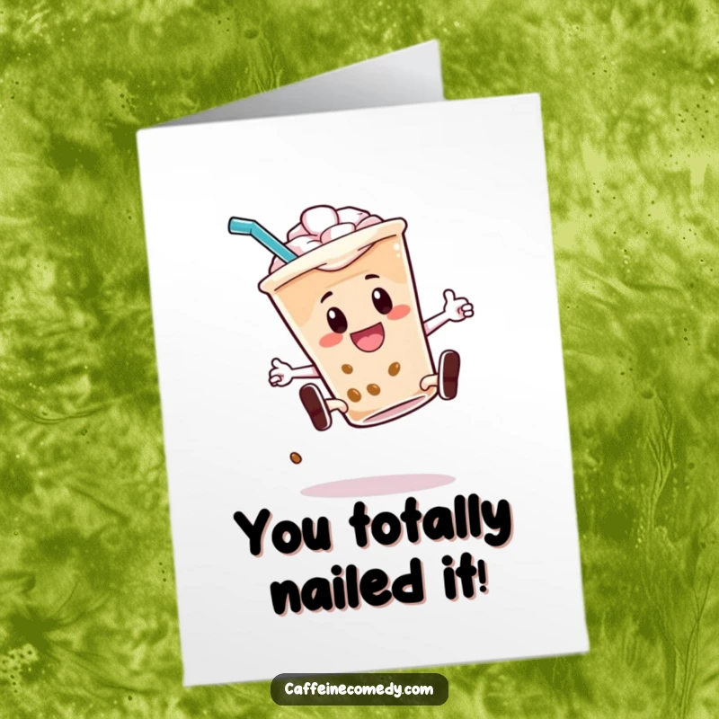 Funny Free Printable Congrats Card: An iced coffee character executes a stylish kickflip, straw in motion, signifying a triumphant moment.