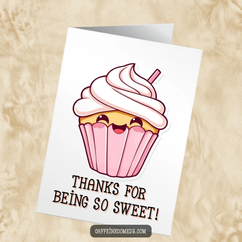 Funny Free Printable Thank You Card: A kawaii cupcake with a big grin happily taking a large sip.