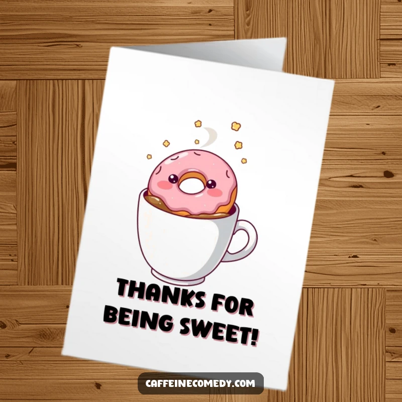 Funny Free Printable Thank You Card: A smiling kawaii doughnut peacefully floating in a coffee mug.