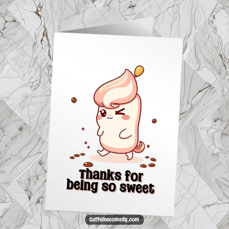 Funny Free Printable Thank You Card: A cute kawaii churro winks, attempting a daring climb up coffee steam as thanks.