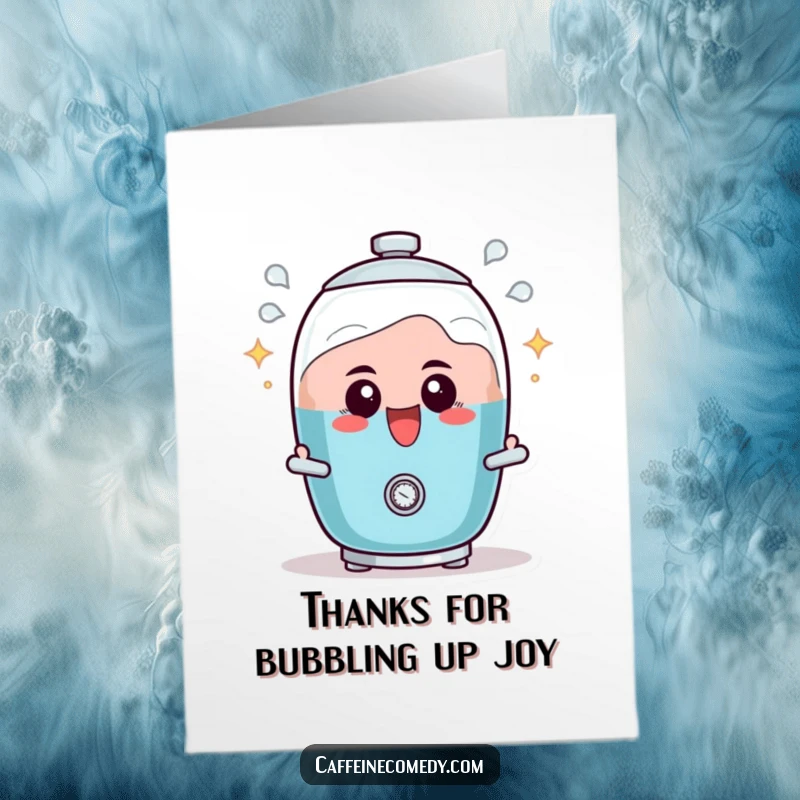 Funny free printable thank you card: a determined percolator character actively bubbling with excitement to express gratitude.