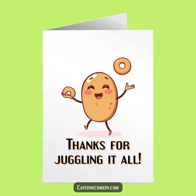 Free Printable Thank You Card: Funny Coffee Bean Juggling Bagels Downloadable Gift