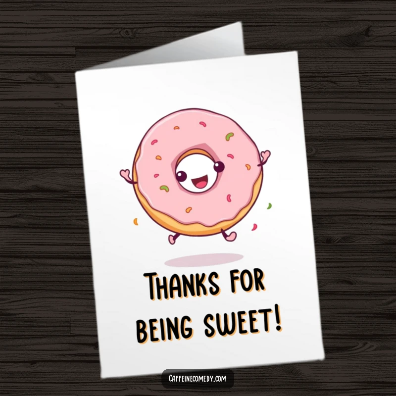 Funny Free Printable Thank You Card with a cheerful donut character joyfully spinning, sending sweet thanks.