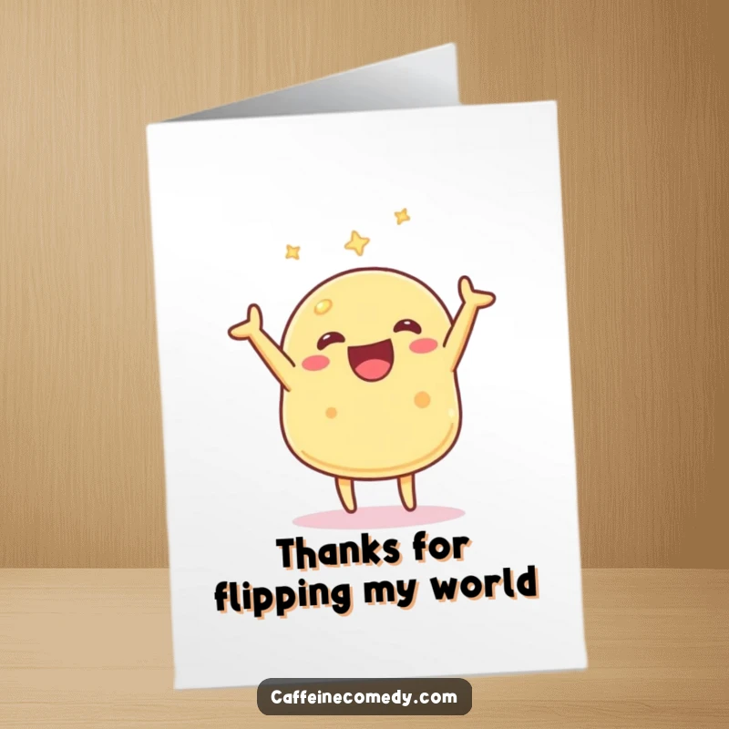 Funny Free Printable Thank You Card: A happy Kawaii pancake character doing a thankful flip, expressing gratitude.