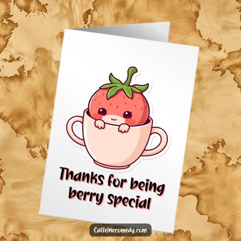 Funny Free Printable Thank You Card: A mischievous Kawaii strawberry peeking out from a coffee mug in thanks.