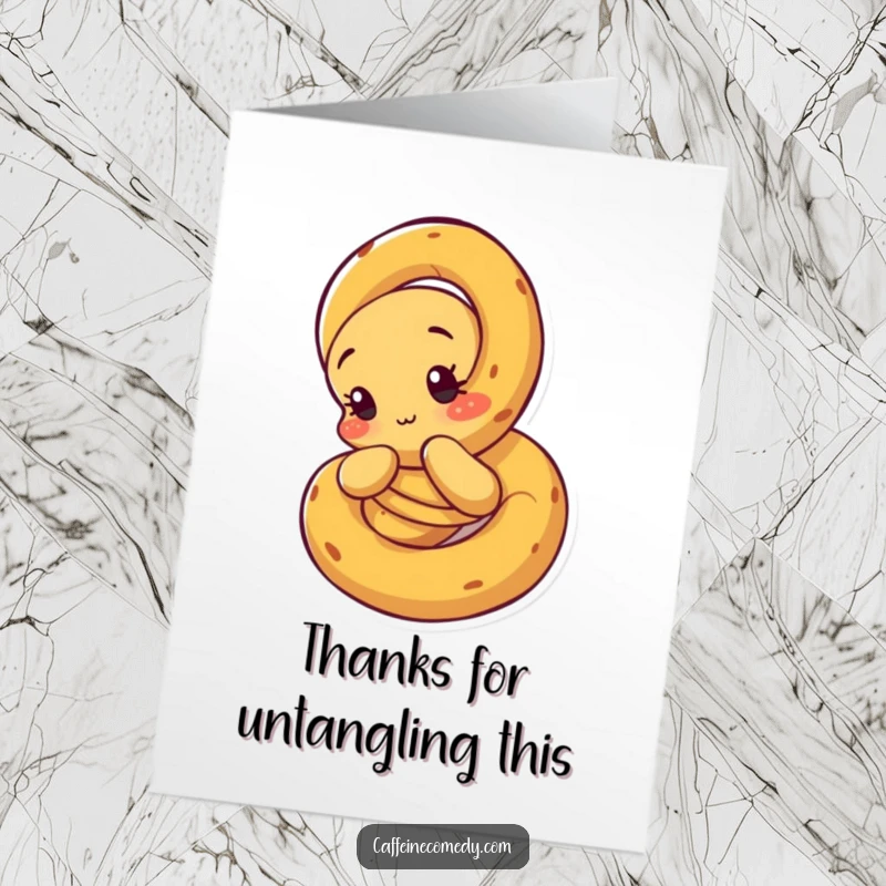 Funny free printable thank you card depicting a curious pretzel character loosening its twists, expressing thanks.