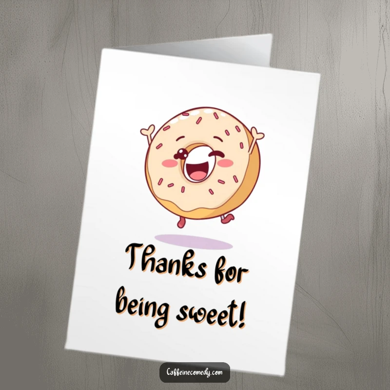 Funny Free Printable Donut Thank You Card: A delighted donut character leaping with sprinkles, offering sweet gratitude.