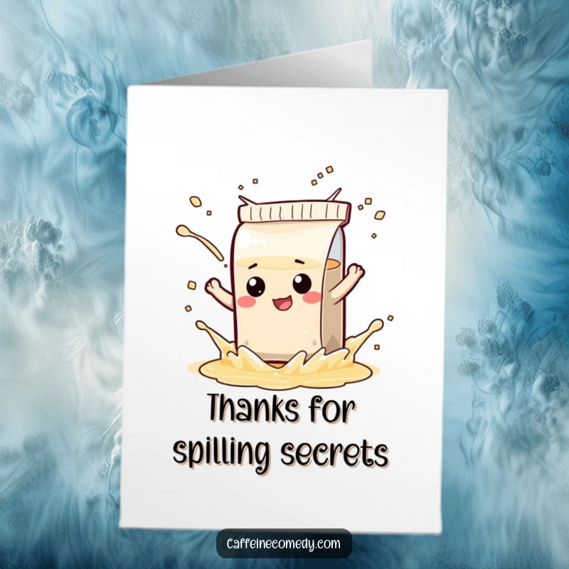 Funny free printable thank you card with a mischievous tea bag character playfully splashing, conveying heartfelt appreciation with humor.