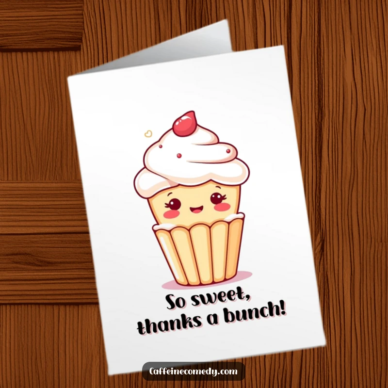 Funny Free Printable kawaii cupcake character winking from a foamy brew, a sweet thank you card.