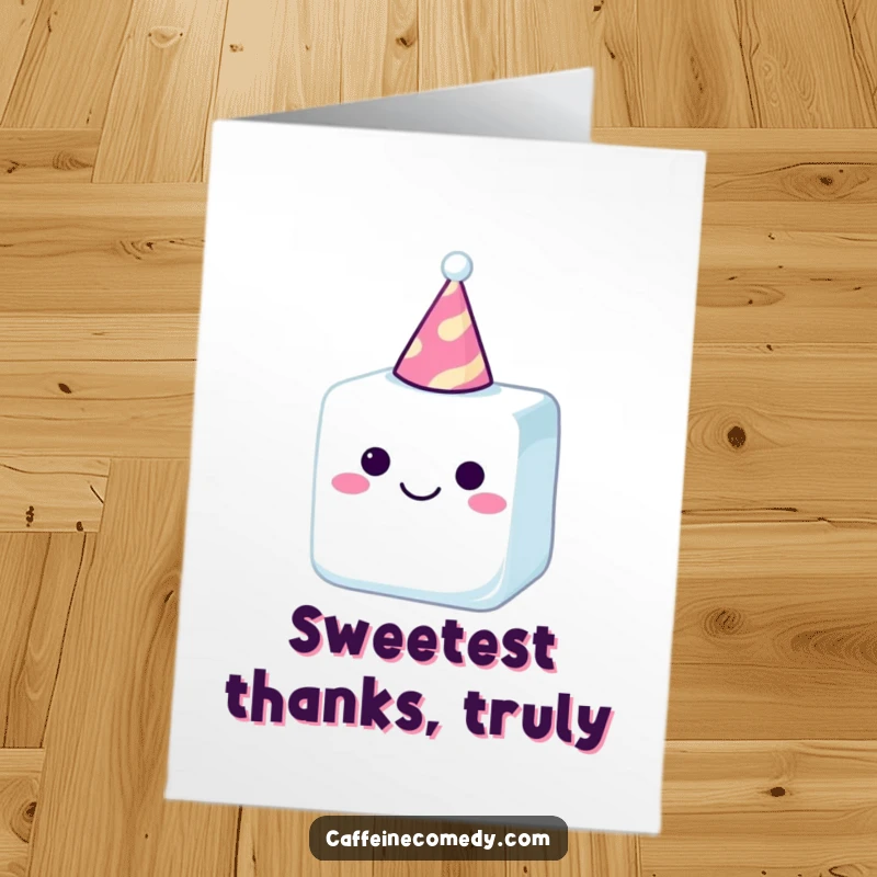 Funny Free Printable Thank You Card: A happy sugar cube with a party hat, joyfully expressing thanks with a sweet smile.