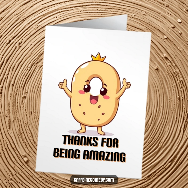Funny free printable thank you card with a beaming bagel character performing a joyous victory dance, expressing sincere appreciation.