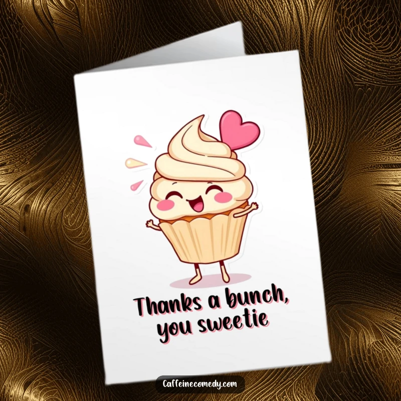 Funny free printable thank you card with a cheerful cupcake character enthusiastically blowing frosting, conveying thanks sweetly.