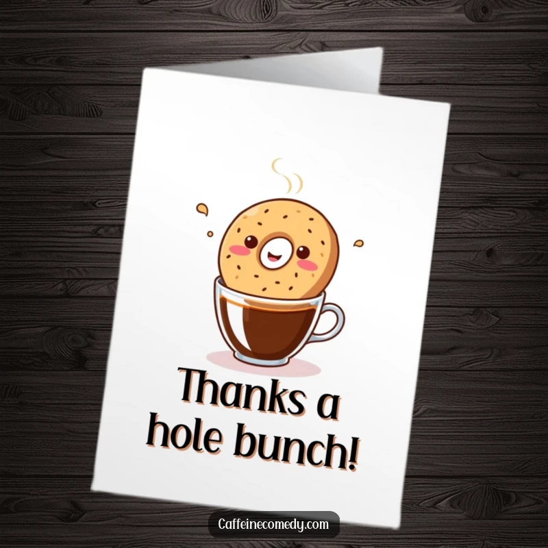 Funny Free Printable Thank You Card: Adorable kawaii bagel bops happily in a coffee cup, sending thanks.