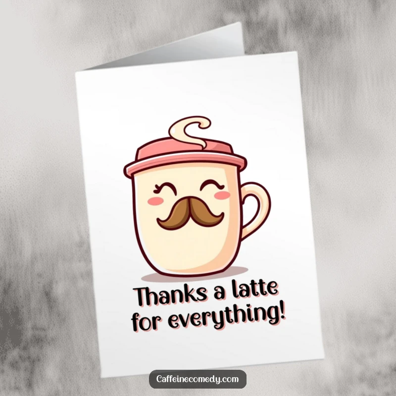 Funny Free Printable Thank You Card: A cozy coffee cup winking warmly, its steam mustache conveying sweet gratitude and thanks.