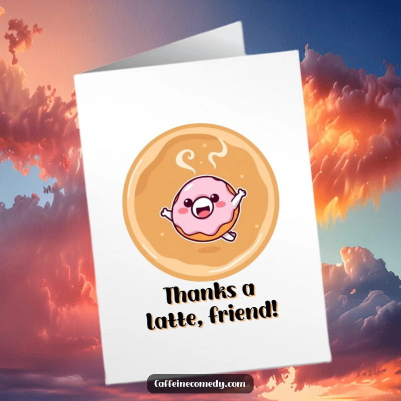 Funny Free Printable Kawaii Donut Thank You Card: A smiling donut character diving headfirst into a warm, frothy latte.