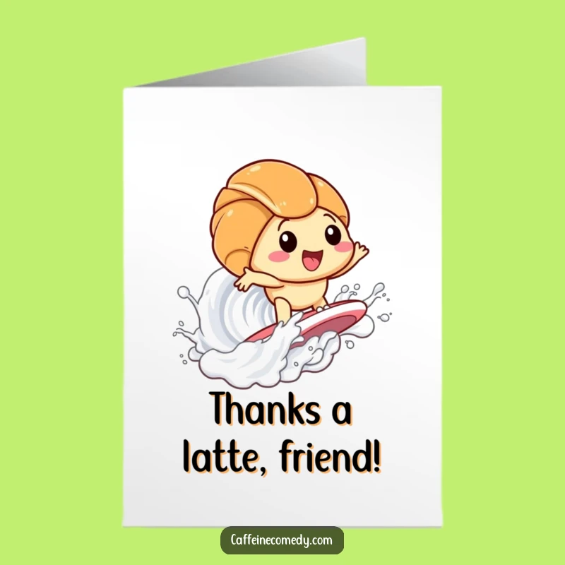 Free Printable Thank You Card: Kawaii Croissant Surfing Milk Wave Funny Downloadable Gift