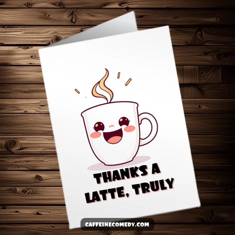 Funny free printable thank you card: a beaming espresso cup character steaming with energetic delight, offering heartfelt thanks.