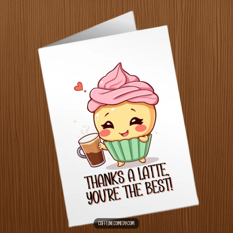 Funny Free Printable Thank You Card: Giggling cupcake does a dramatic pose with frothy coffee, expressing thanks.