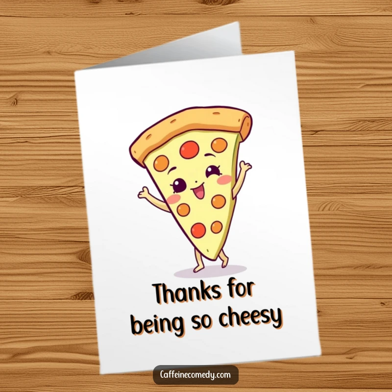 Funny free printable thank you card with a gleeful pizza slice character doing a happy spin, expressing gratitude.
