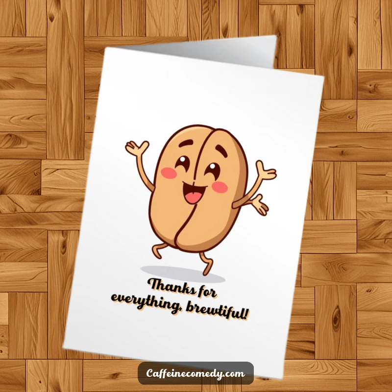 Funny Free Printable Thank You Card featuring an energetic coffee bean doing jumping jacks, conveying thanks with lively humor.