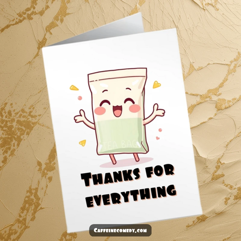 Funny free printable thank you card: a playful tea bag character enthusiastically dunking itself, conveying heartfelt thanks.