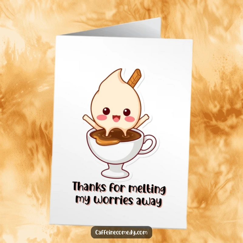 Funny Free Printable Thank You Card: Delighted ice cream character melting happily into a hot coffee cup.