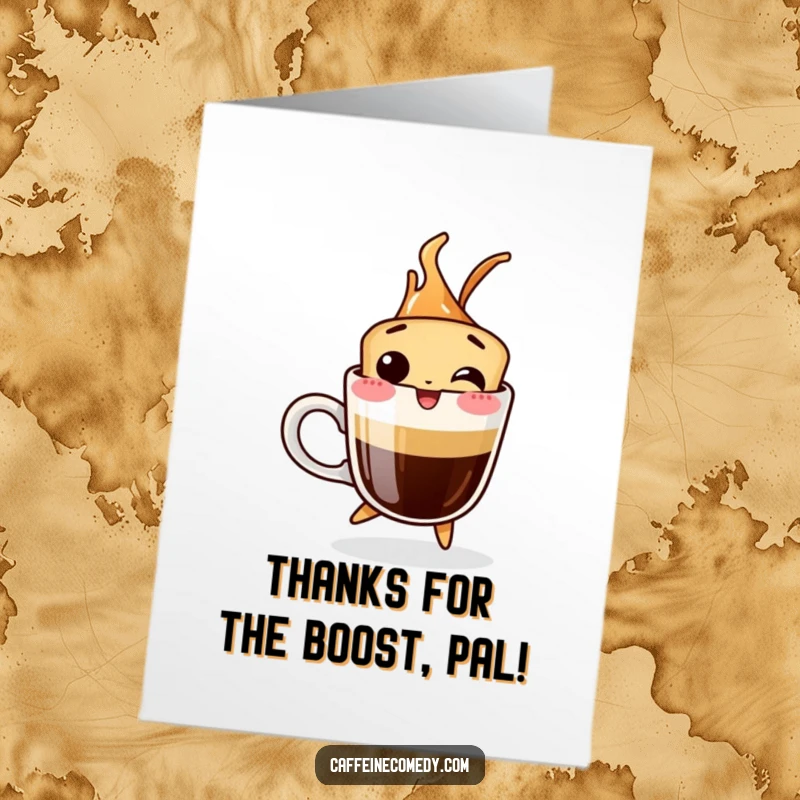 Funny Free Printable Thank You Card: A giggling espresso shot jumps joyfully out of its cup, showing thanks.