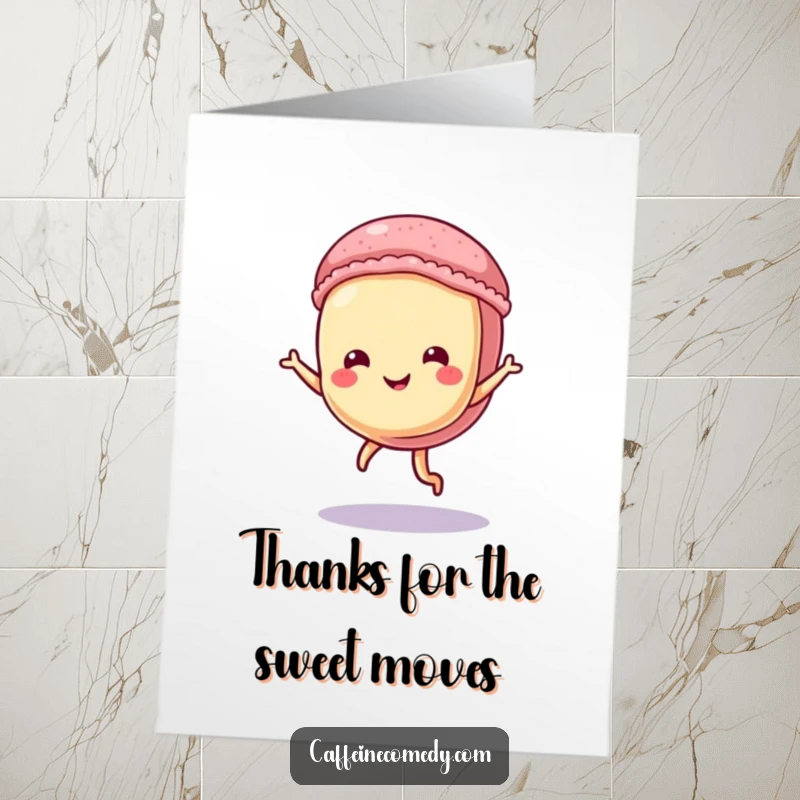Funny free printable thank you card with a cute macaron character performing a delightful dance, showing appreciation.