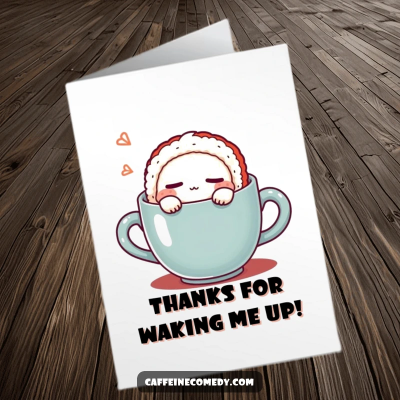 Funny Free Printable Thank You Card: Sweet kawaii sushi character naps cozily inside a coffee mug, saying thank you.