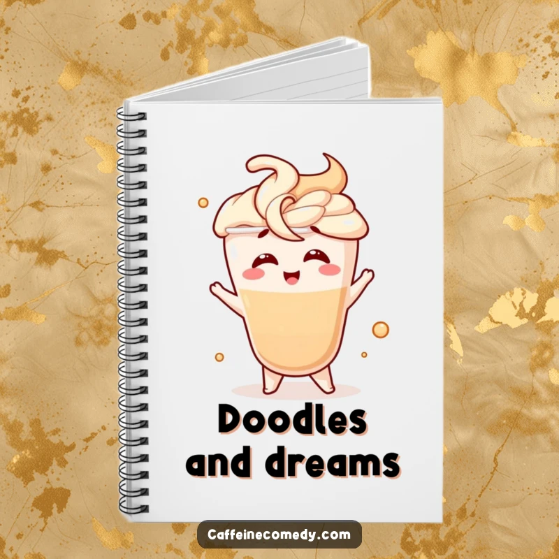 Funny notebook with a giggling latte character doing a fancy swirl motion, ideal for jotting down creative thoughts and doodles.