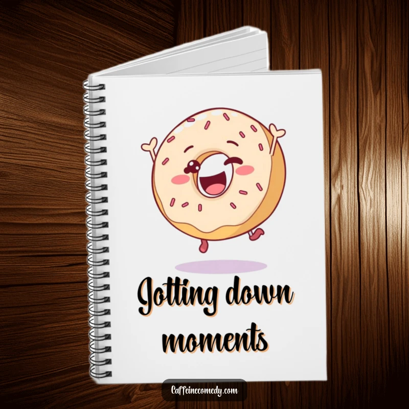 Funny delighted donut character leaping with sprinkles, on the cover of a humorous notebook for jotting down sweet ideas.
