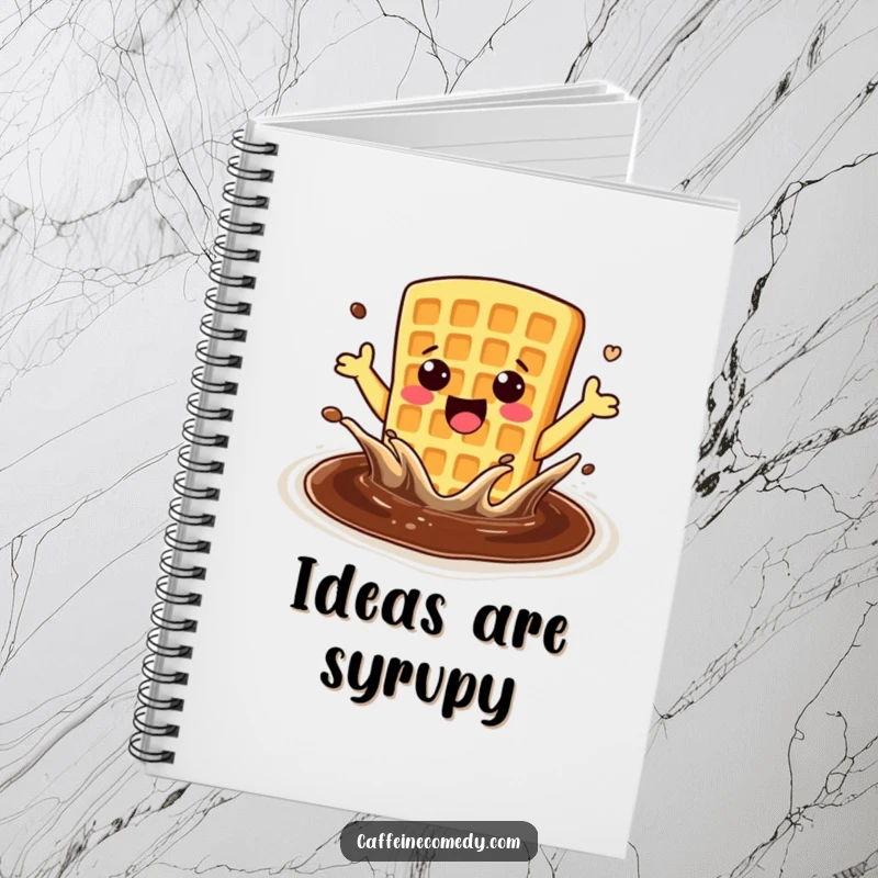 Funny enthusiastic kawaii waffle splashing in coffee, featured on a notebook cover for jotting down fun ideas.