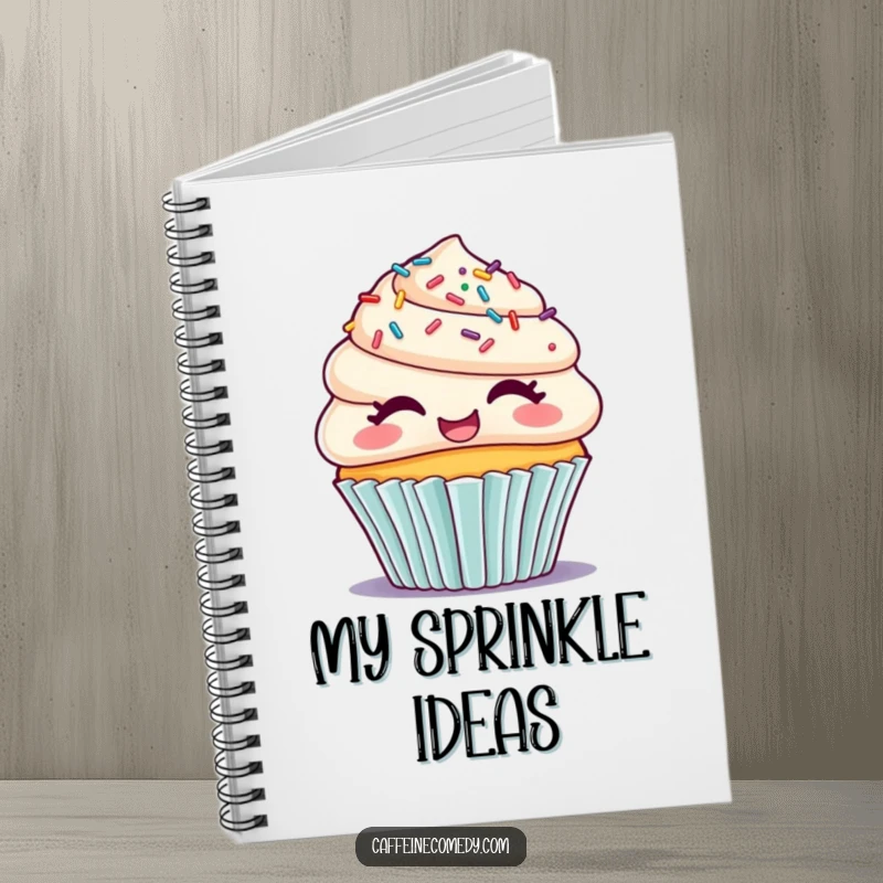 Funny notebook with a giggling cupcake and sprinkle hair, inspiring sweet thoughts and creative writing.