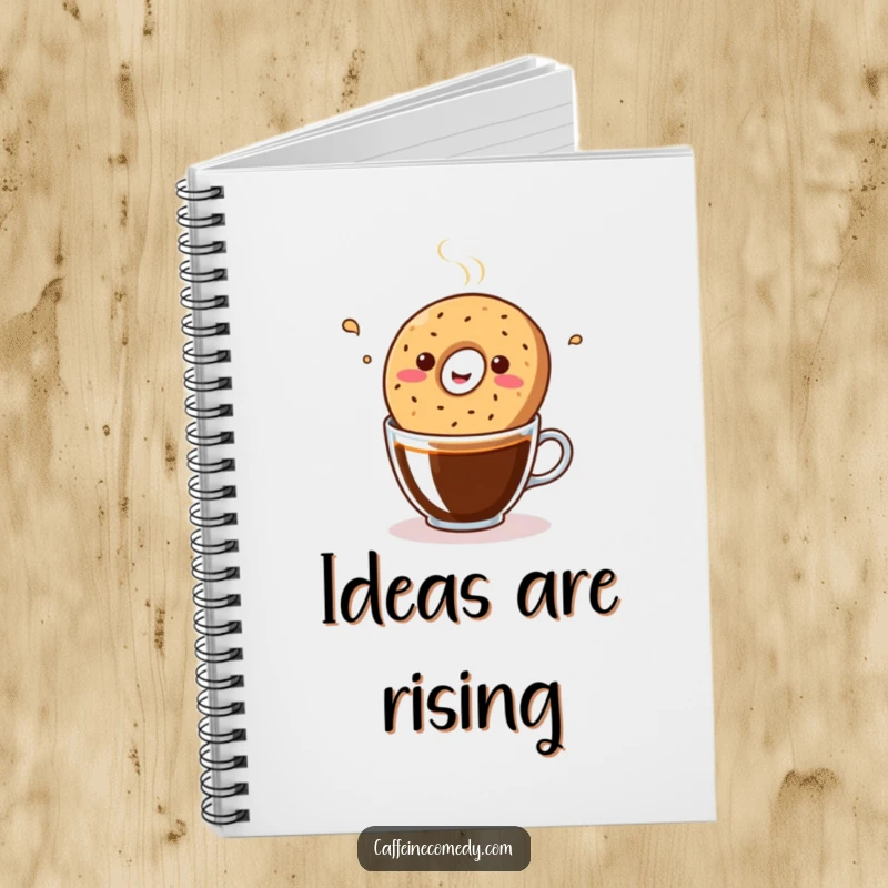 Funny kawaii bagel bopping in a coffee mug, featured on a notebook cover for jotting down funny thoughts.