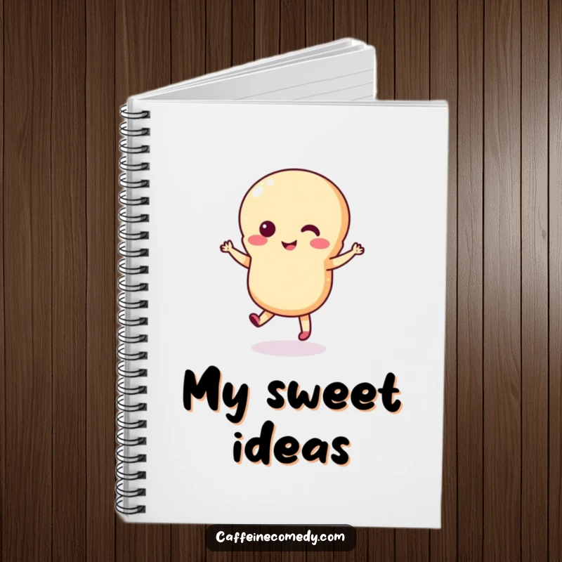 Funny macaron notebook with a cute, dancing macaron character, perfect for capturing creative ideas and daily musings.