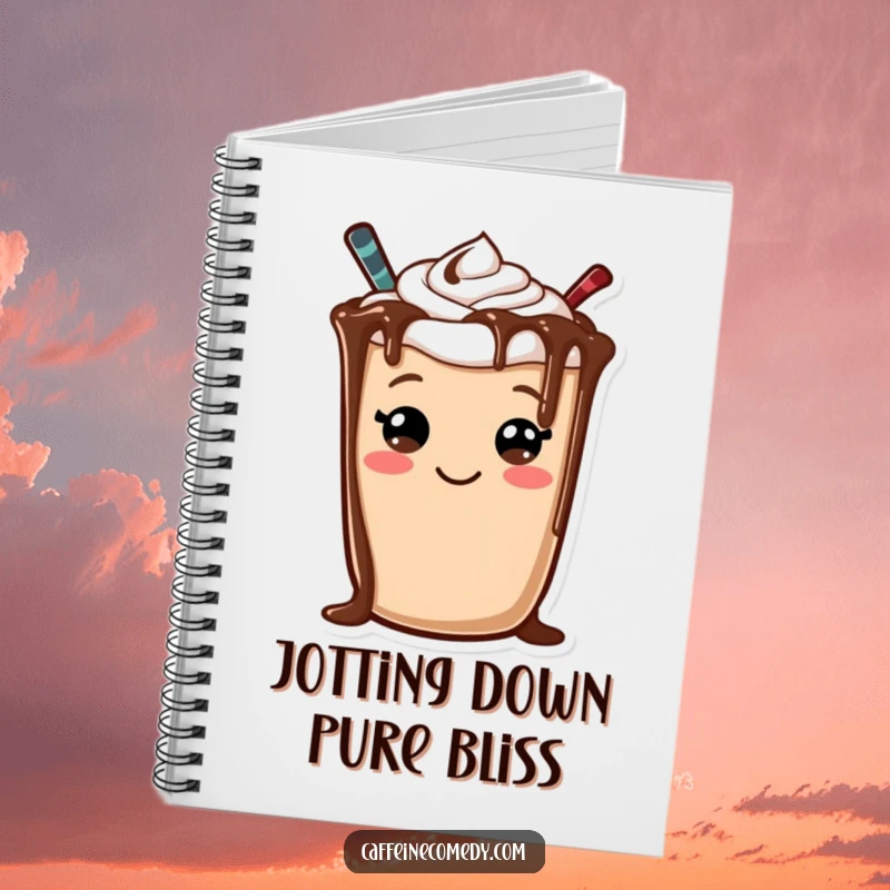 Funny notebook with a cheerful mocha character, whose chocolate drizzle creates a happy smiley face, perfect for notes.