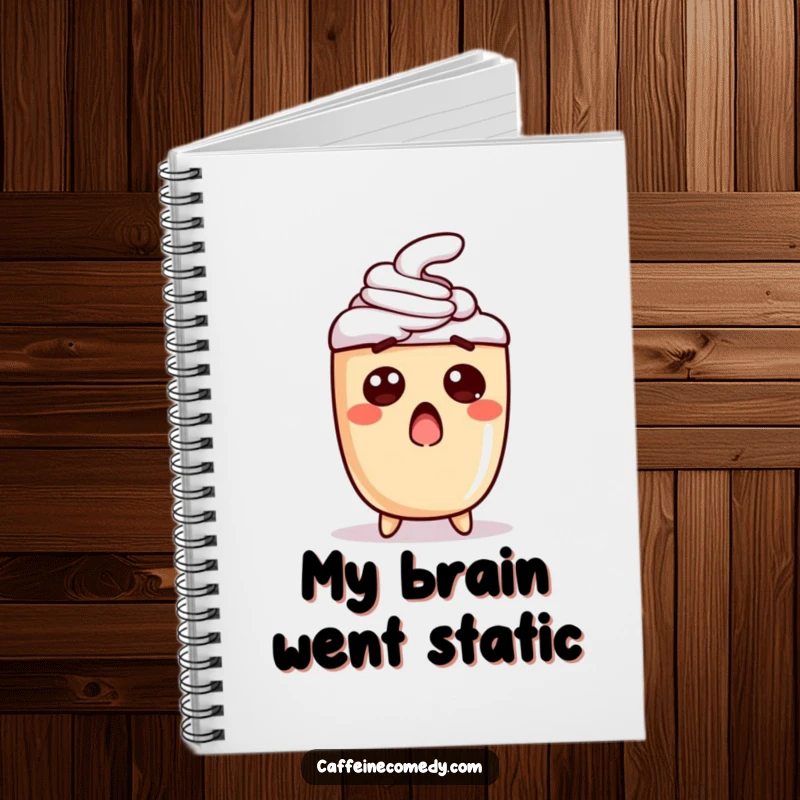 Funny notebook with a surprised latte cover, ideal for jotting down notes and capturing ideas with a humorous, coffee-themed design.