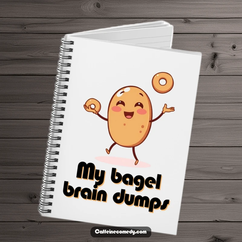 Funny notebook with a cover showing a cheerful coffee bean juggling bagels, inspiring creative writing and humorous note-taking.