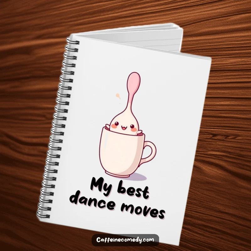 Funny kawaii stirring spoon character dancing happily inside a mug, featured on the cover of a notebook, ideal for note-taking and journaling.