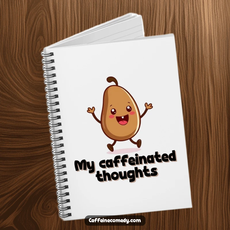 Funny notebook cover featuring a grinning coffee bean character doing a joyful jig. Ideal for capturing bright ideas and energetic notes.
