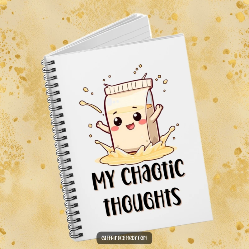 Funny notebook with a mischievous tea bag character playfully splashing, ideal for jotting down notes with a humorous touch.