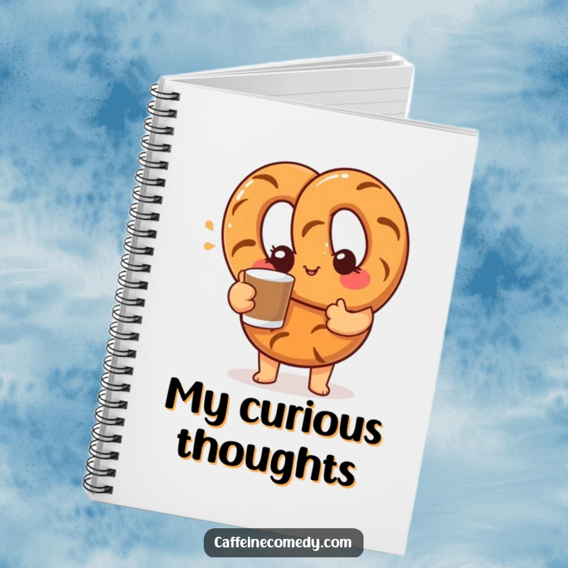 Funny notebook with a curious pretzel character offering a coffee cup with a friendly wink, ideal for note-taking and creative expression.