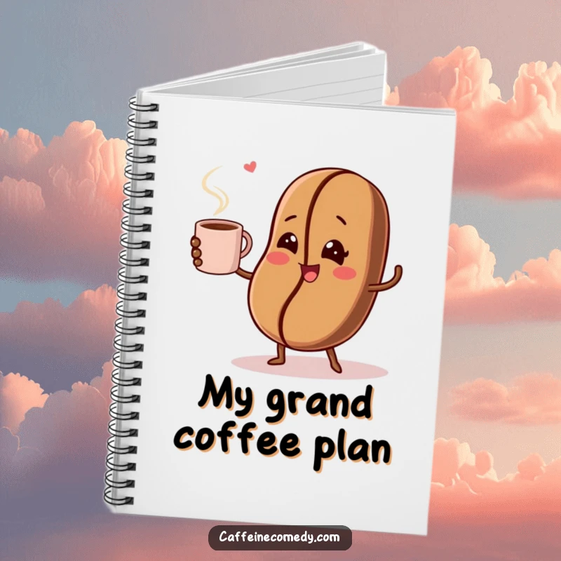 Funny notebook cover with a winking coffee bean character juggling a coffee cup, great for notes and ideas.