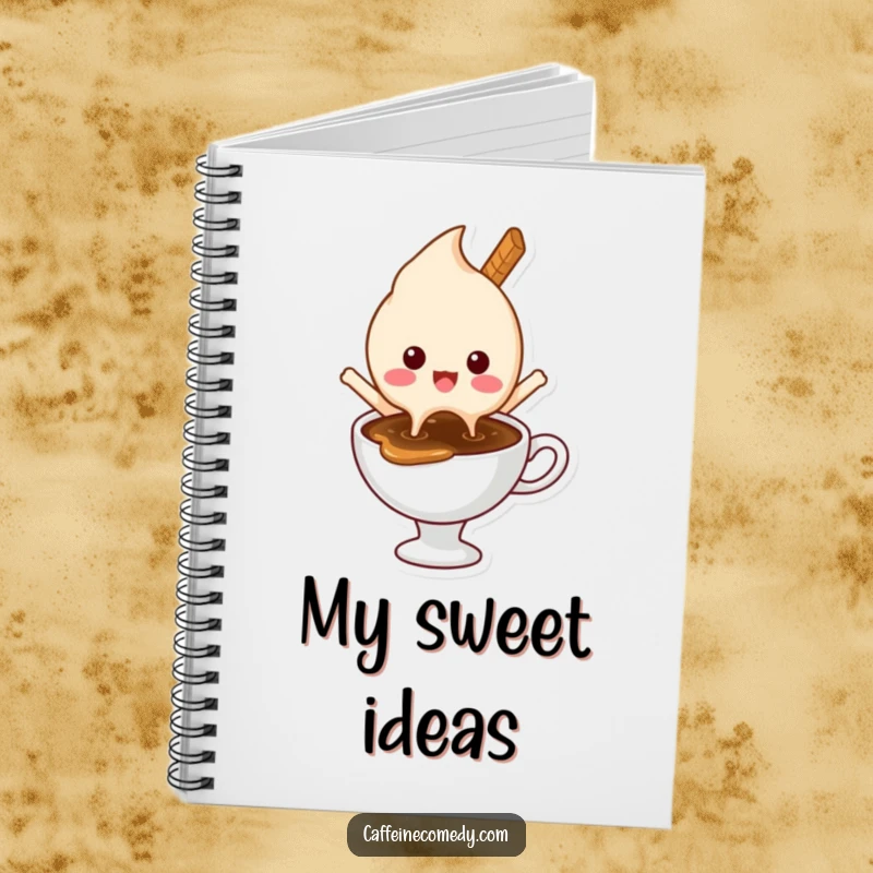 Funny notebook with a delighted ice cream character melting happily into a hot coffee, ideal for note-taking and sweet inspiration.