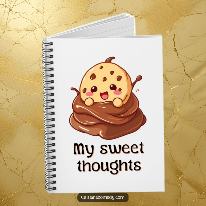 Funny kawaii cookie character gleefully diving into a chocolate swirl, on the cover of a cute notebook.