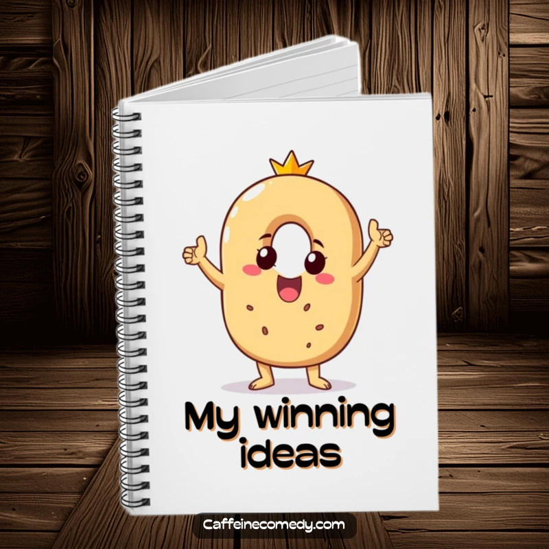 Funny notebook with a beaming bagel character doing a victory dance, ideal for journaling successes with a humorous touch.